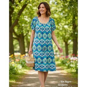 Kim Rogers M Cotton Blue & Green Geometric Print Dress